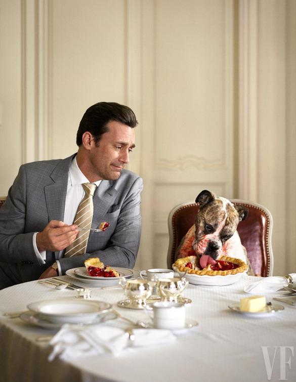 Just thinking about Seth's "We Love Your Boobs" makes me so sad I need to look at this adorable pic of Jon Hamm eating breakfast with a dog. #ifeelbetternow